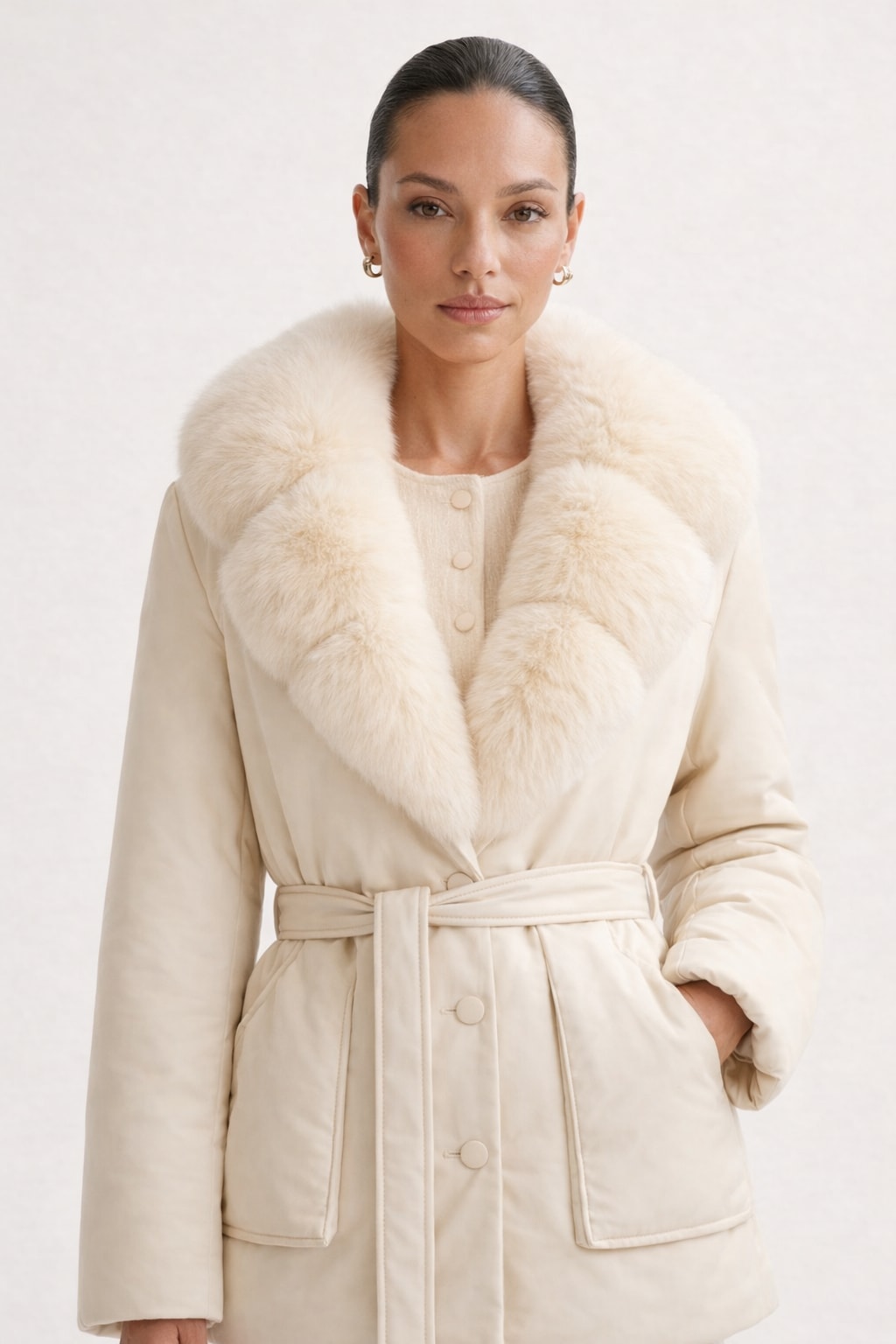 Down Jacket With Fox Fur Collar And Belt - 15