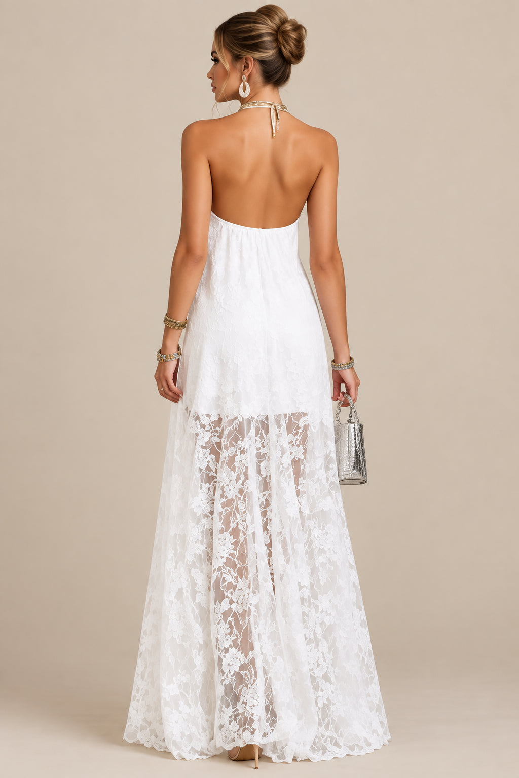 Polyester Maxi Dress With Floral Lace - 3