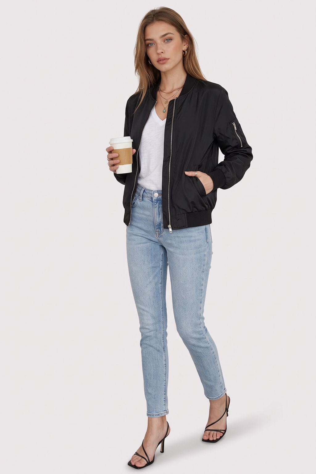 Woven Bomber Jacket Casual Zip Front - 6