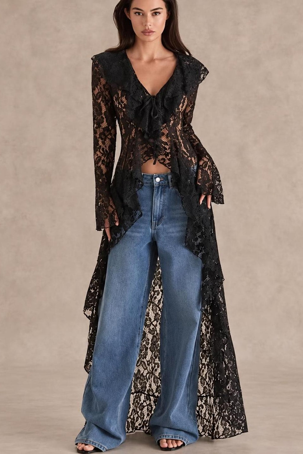 Lace Cardigan With Ruffle Trim - 2