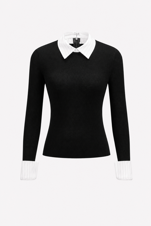 Black wool blend layered-look knit top