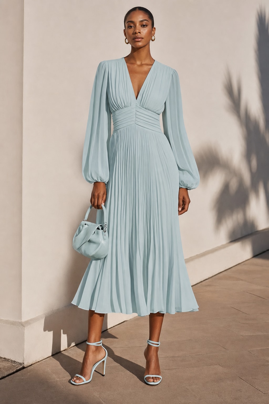Chiffon Balloon Sleeve A-Line Midi Dress - 2