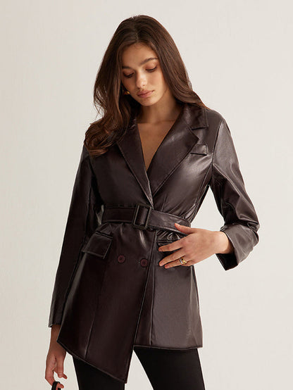 Burgundy Belted Wrap-Front Leather Jacket - view 6