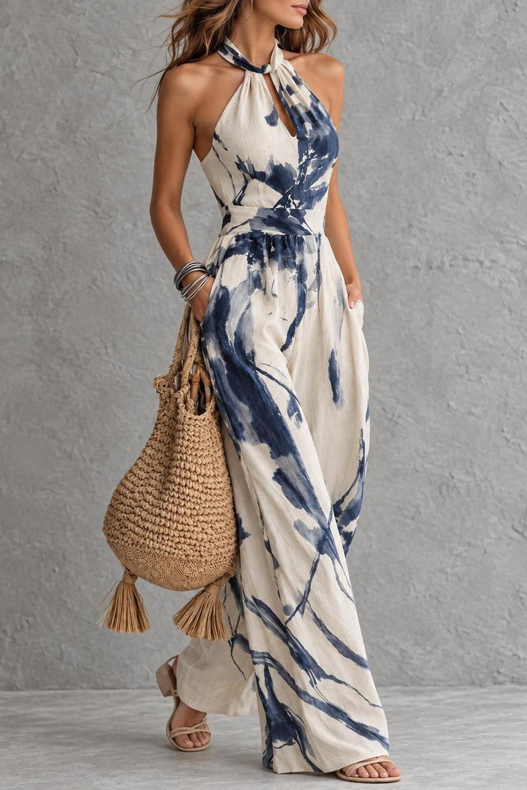 Halter Neck Jumpsuit With Artistic Print - 4