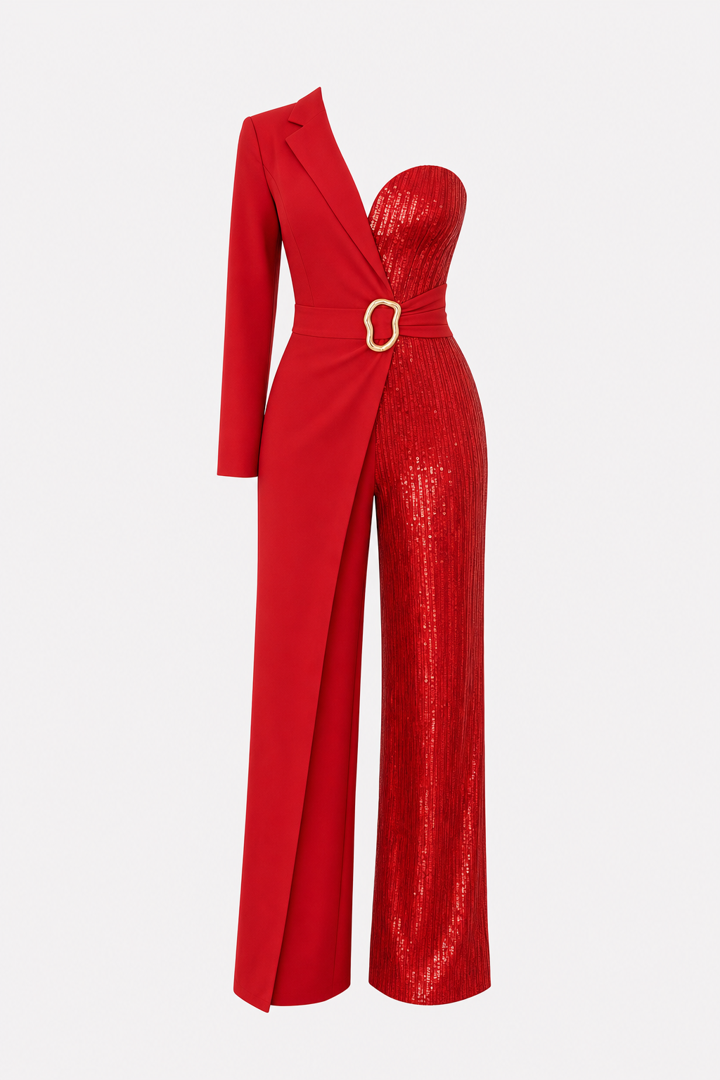 Red sequin one-shoulder wide-leg jumpsuit