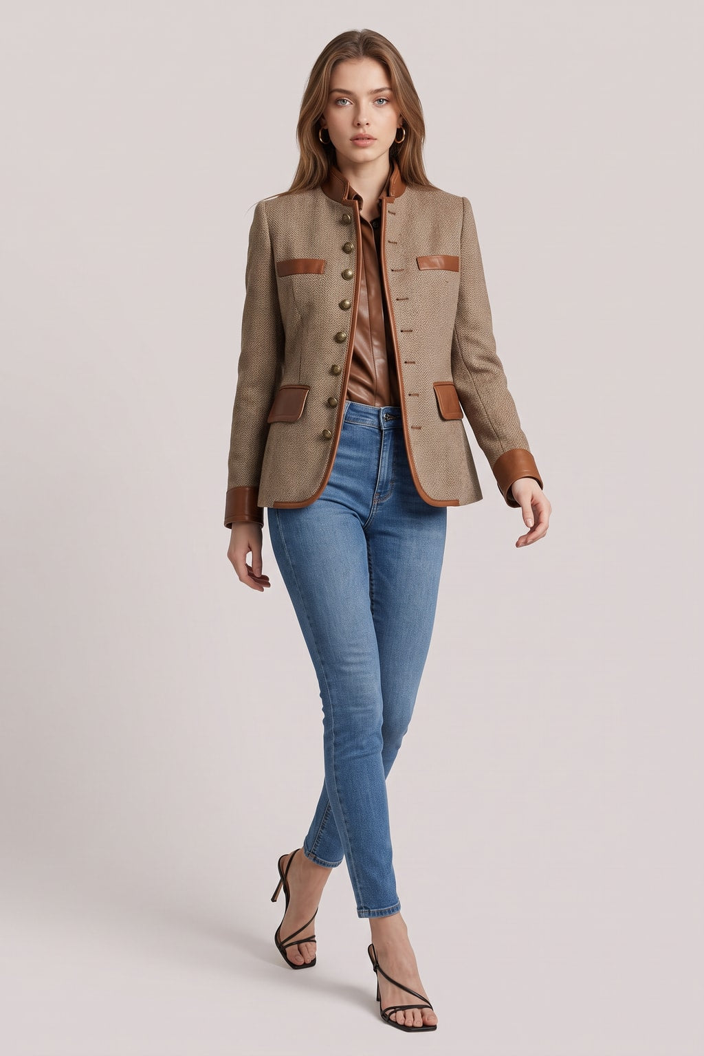 Timeless Brown Tweed Jacket with Faux-Leather Trim - 2