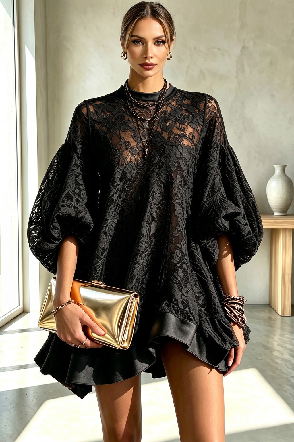 Lace Balloon Sleeve Mini Dress - 6