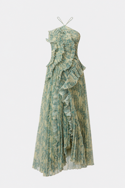 Dark Green Floral Halter Chiffon Maxi Dress