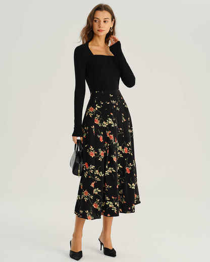 Black Ditsy Floral A-Line Midi Skirt - view 4