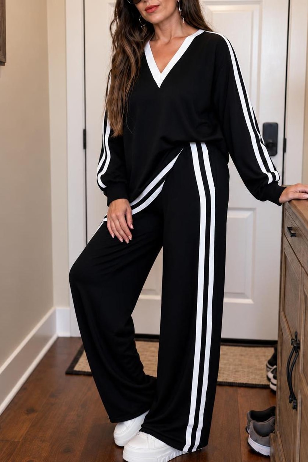 Polyester Knit Wrap Top Wide-Leg Pants Set - 4