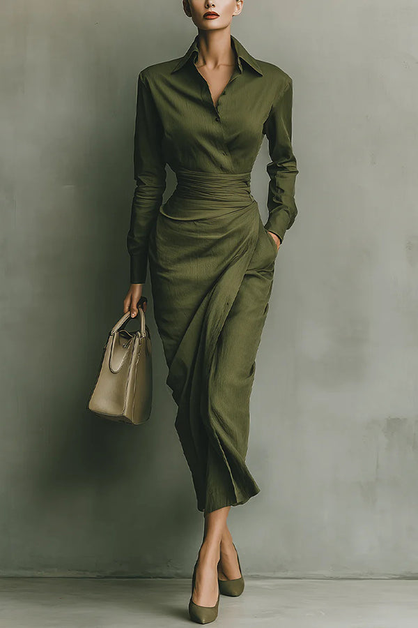 Lapel Midi Dress With Asymmetric Hem - view 2
