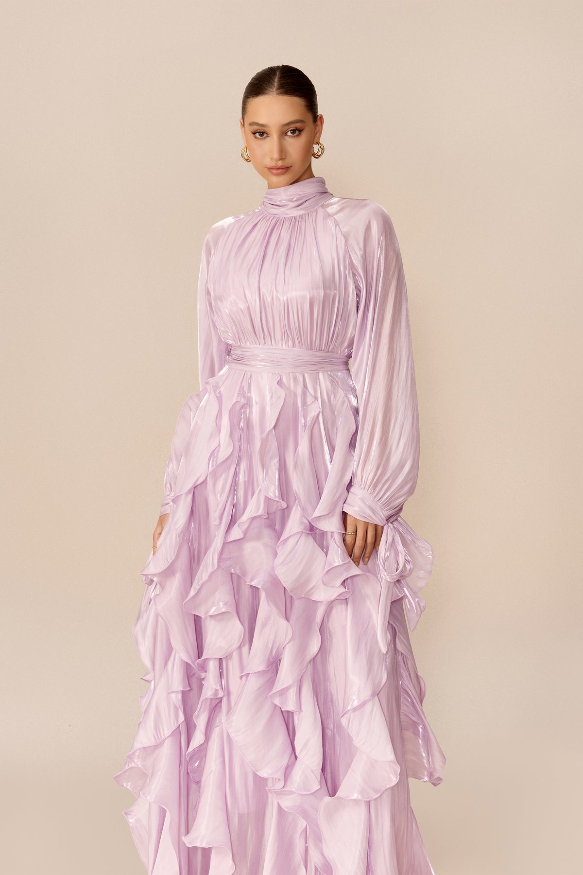 Purple puff sleeve maxi dress with ruffle trim - view 3