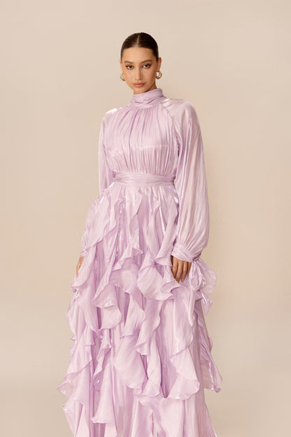 Purple puff sleeve maxi dress with ruffle trim - view 3
