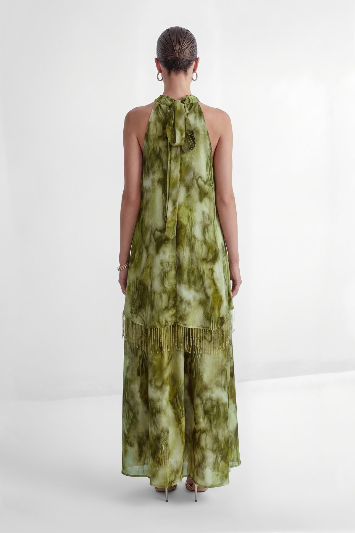 Green Tie-Dye Halter Maxi Dress with Fringe - view 4