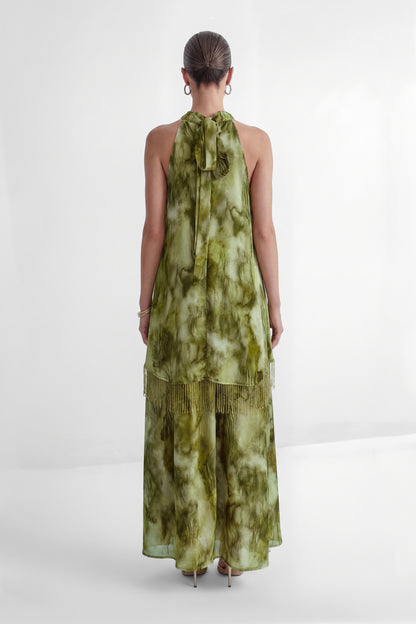 Green Tie-Dye Halter Maxi Dress with Fringe - view 4