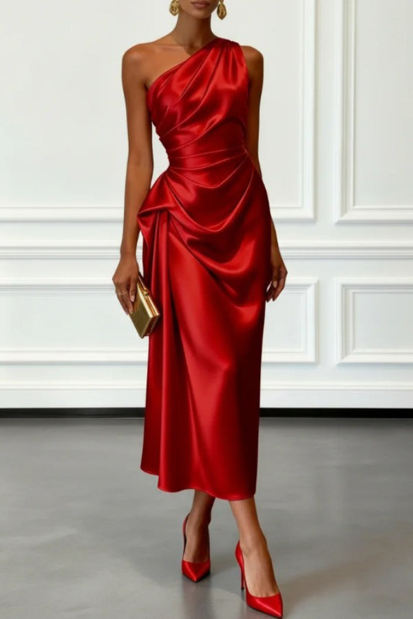 Satin one-shoulder midi dress with pleated waist - view 4
