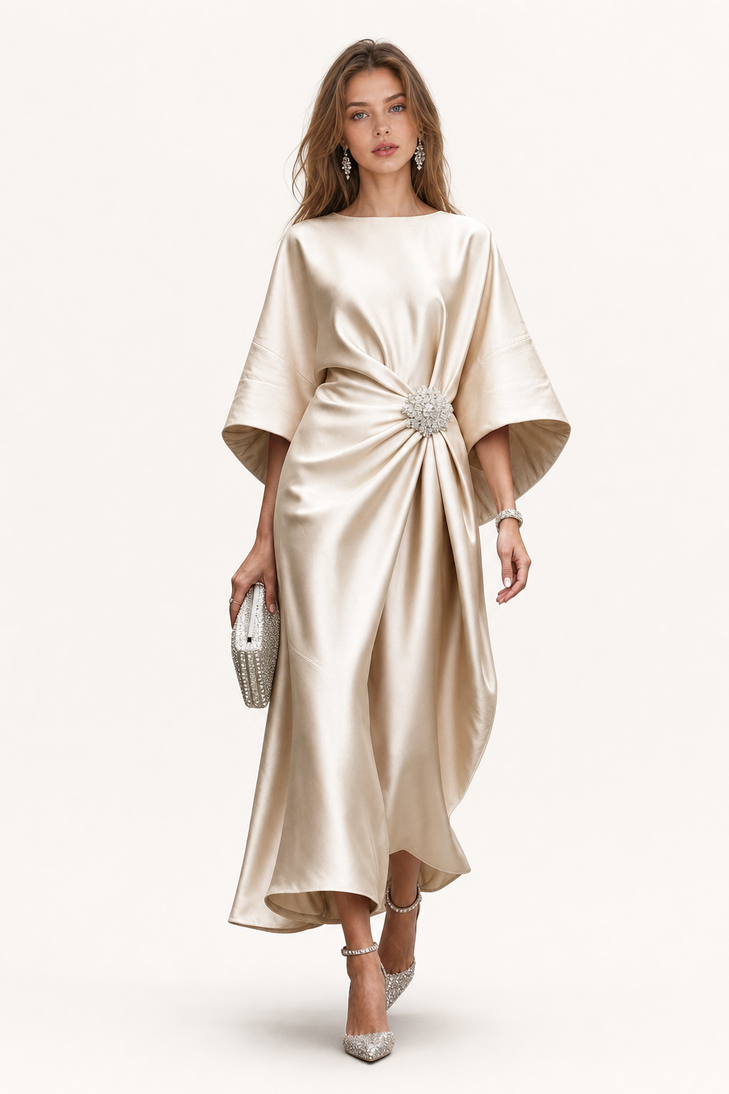 Satin maxi dress with draped cape sleeves - view 3