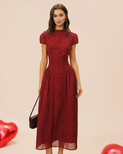 Red floral chiffon maxi dress with cap sleeves - view 2