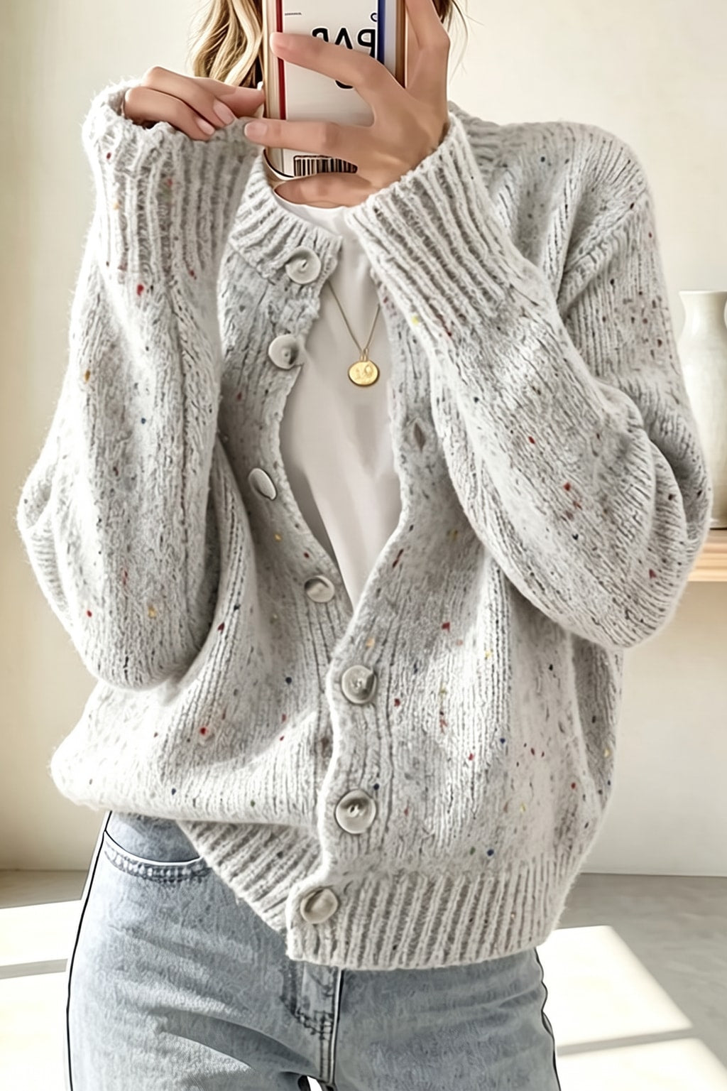 Knit Dot Print Long Sleeve Cardigan - 6