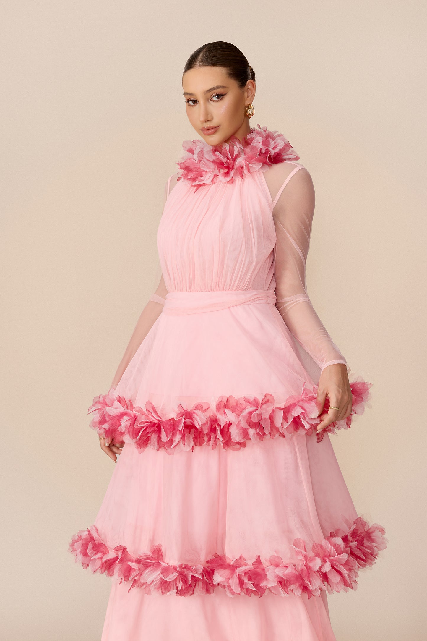Floral Trim Tiered Mesh Maxi Dress - view 3