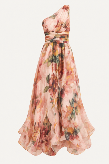 One-Shoulder Watercolor Floral Maxi Dress