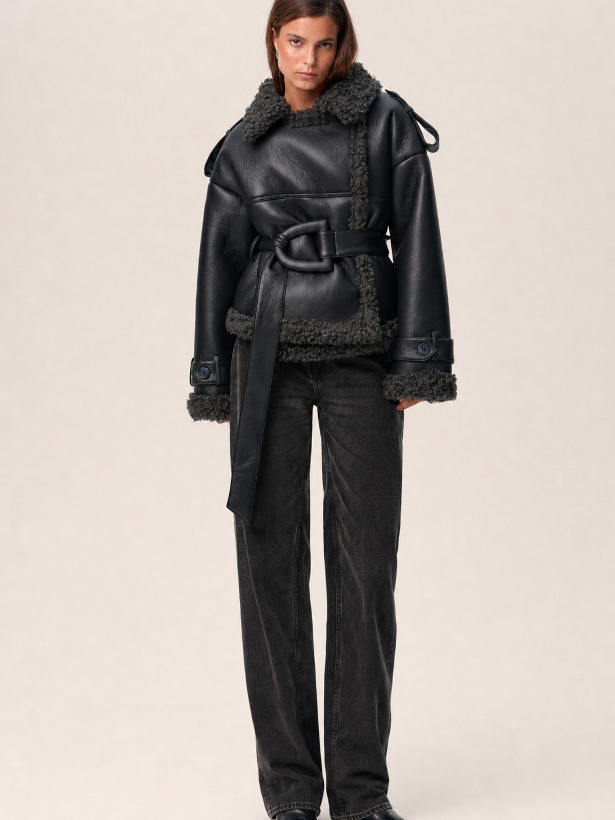 Cozy Shearling Coat with Adjustable Belt - 2