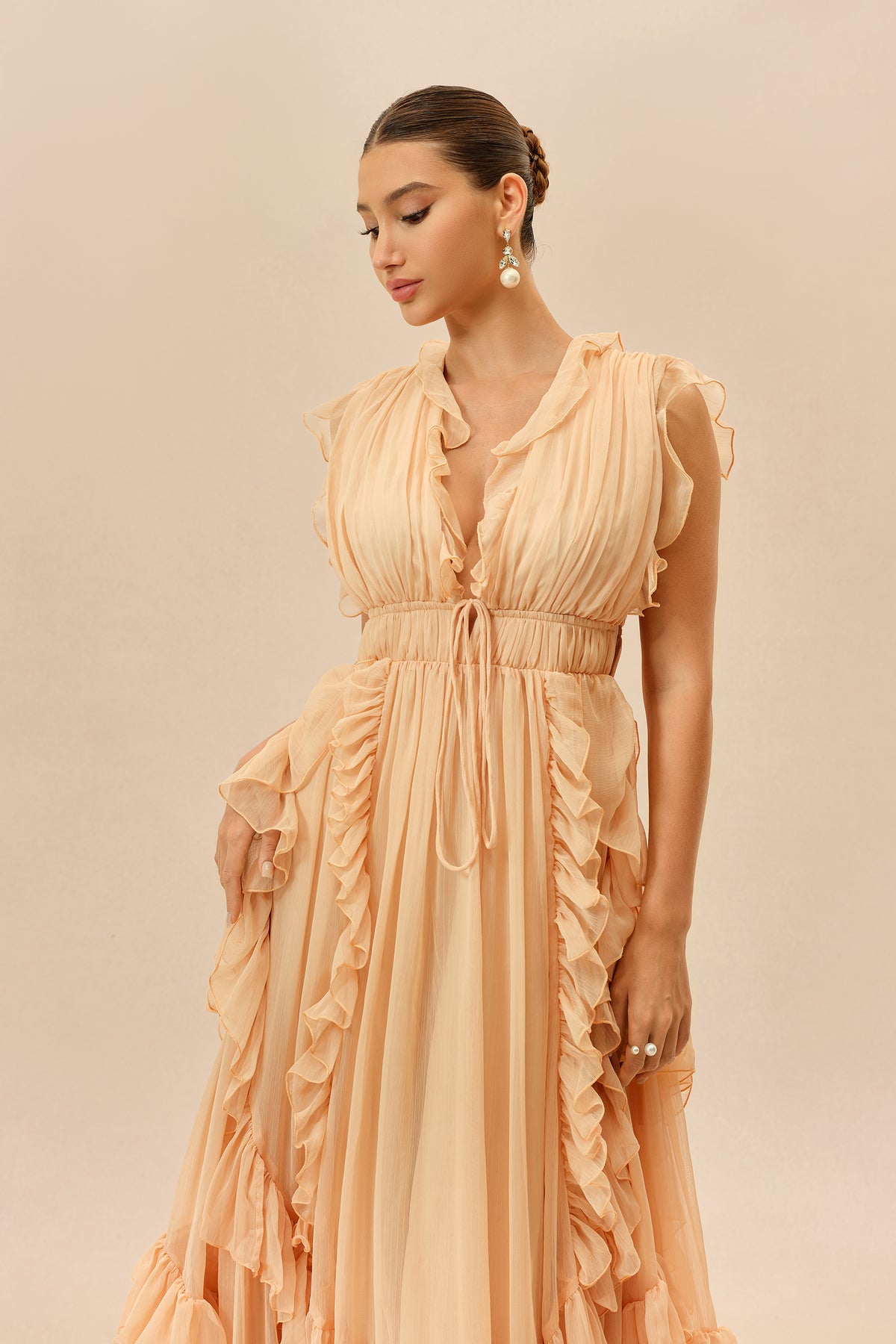 Pink Deep V Tiered Ruffle Chiffon Maxi Dress - view 3