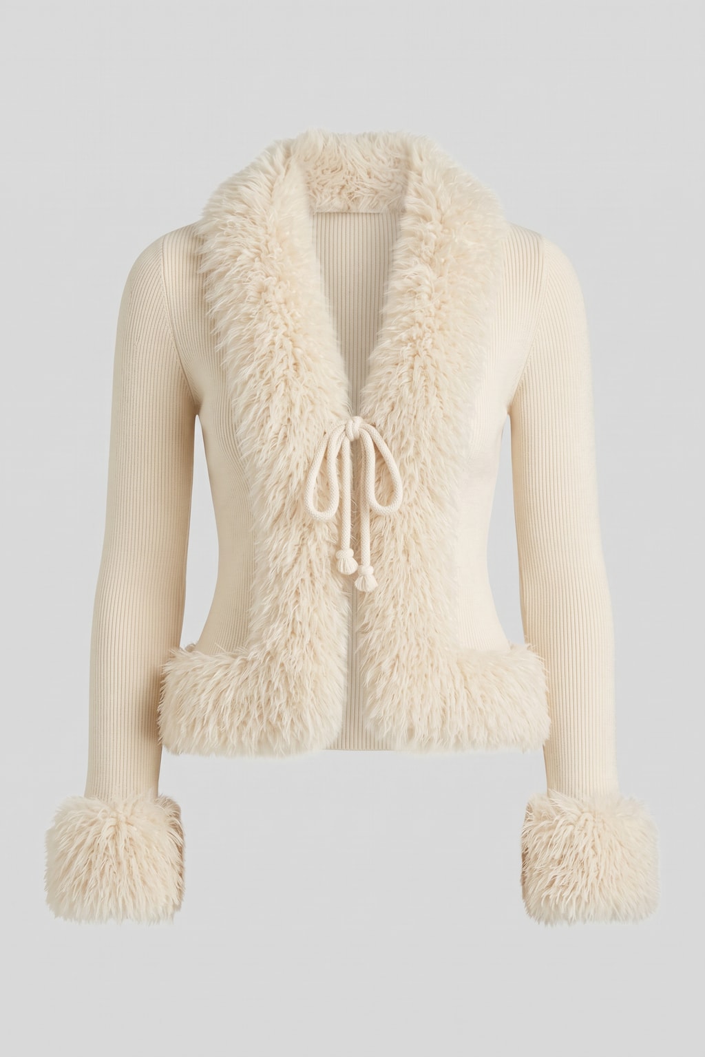 Cotton Ribbed Knit Top with Faux Fur Trim and Tie Front - 1