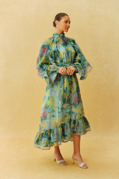 Green ruffle sleeve high neck midi dress - view 4
