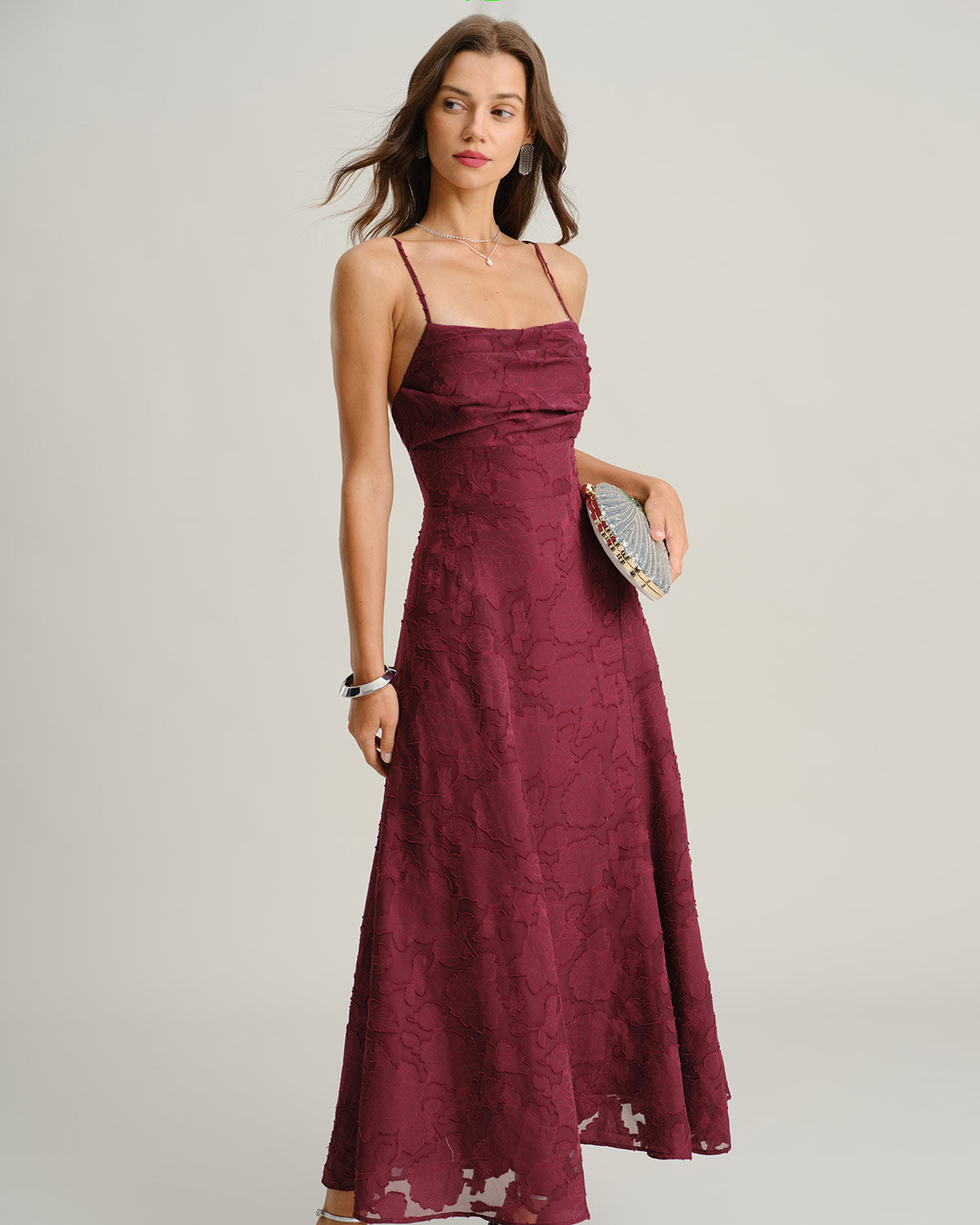 Wine red jacquard slip maxi dress - view 5