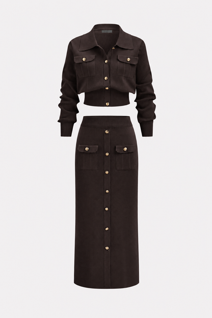 Collared Knit Cardigan and Midi Skirt Set - view 7