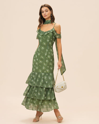 Green Floral Ruffle Mermaid Maxi Dress - view 2
