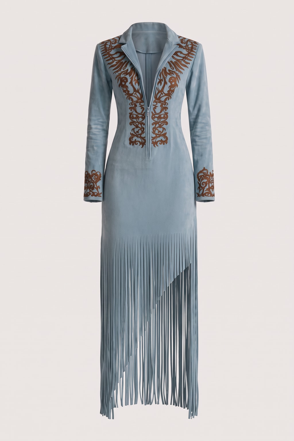 Suede Long Maxi Dress with Western Embroidery and Fringe - 1