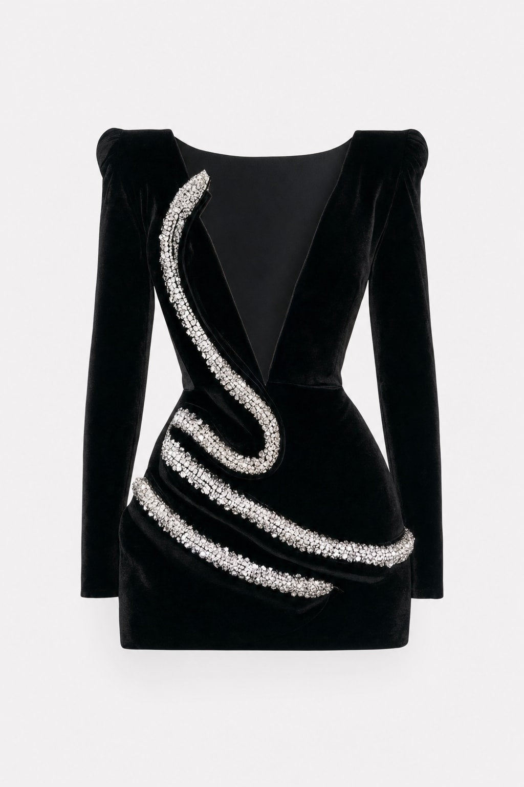 Black Velvet Mini Dress With Diamond Snake Trim - 1
