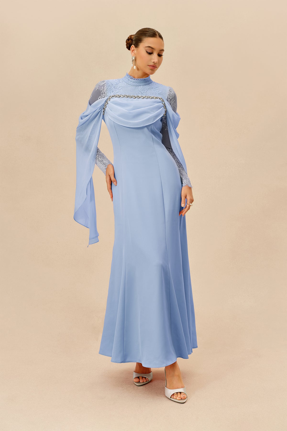 Blue Floral Chiffon Maxi Dress with Ruffle Sleeves - view 2