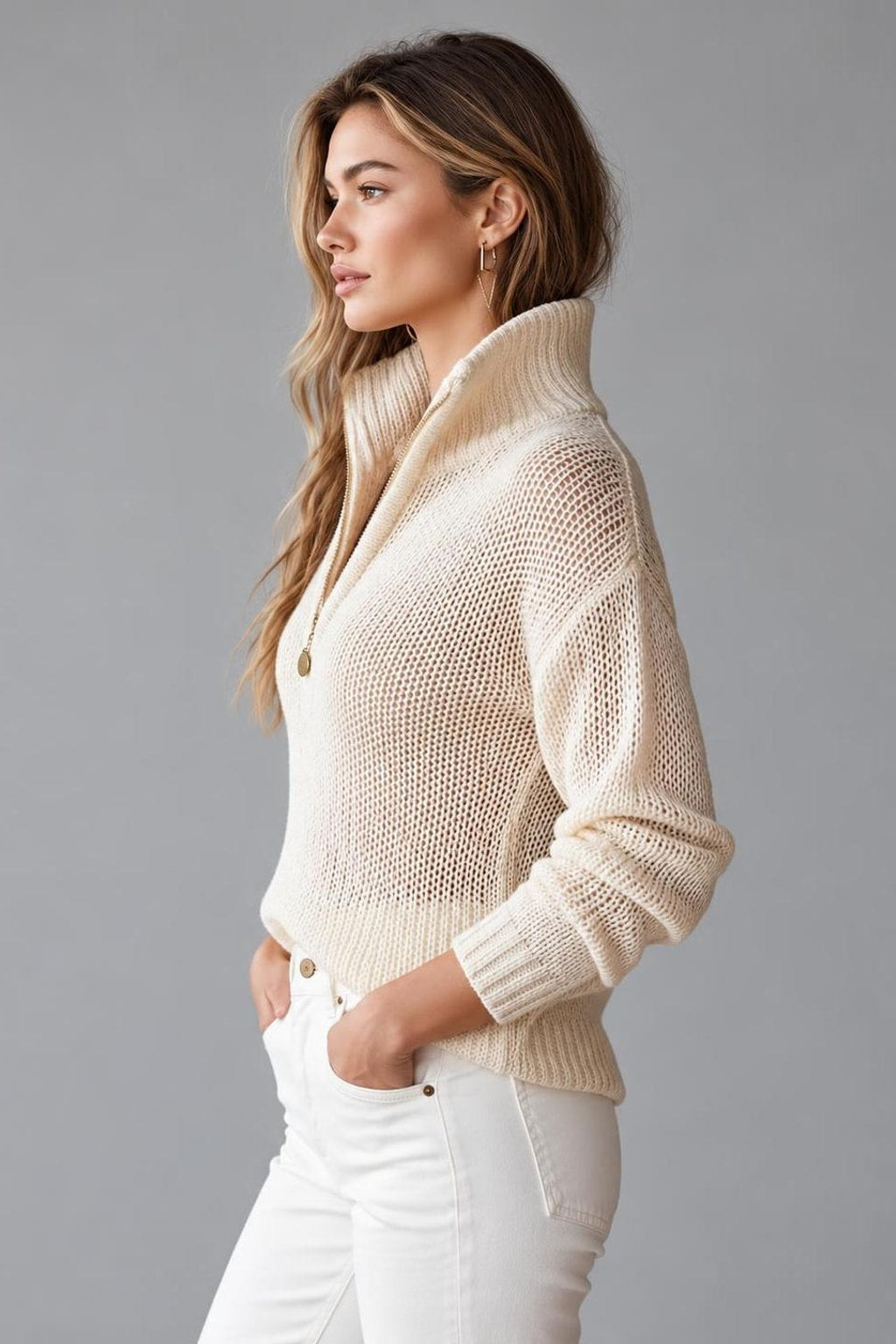 Knit Sweater Top With Half-Zip Collar - 3