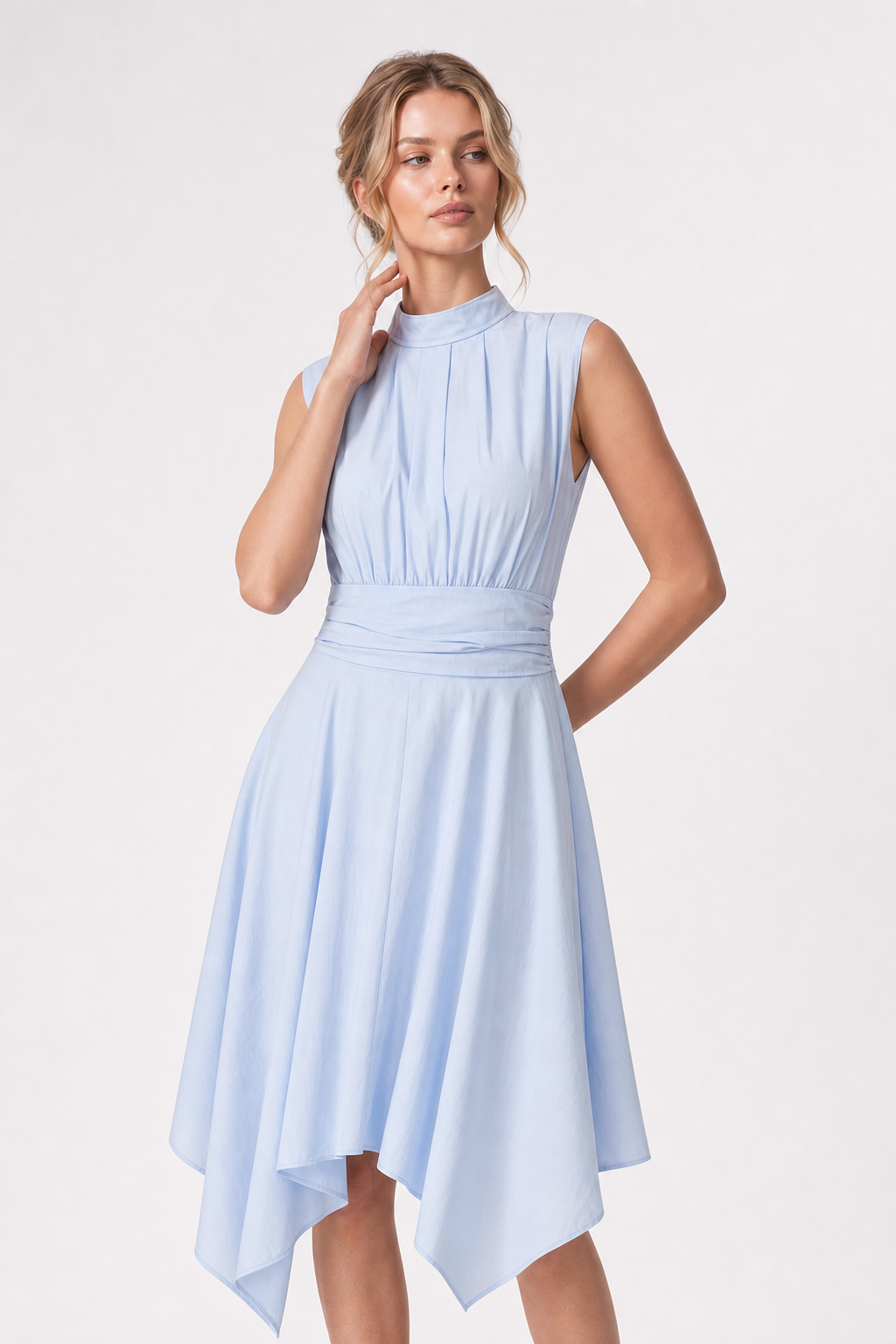 Light Blue Cotton Blend Stand Collar Midi Dress - view 3