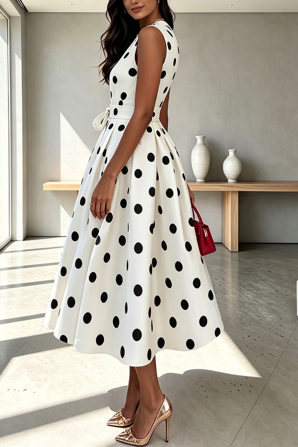 Polyester Midi Dress With Polka Dot Print - 3