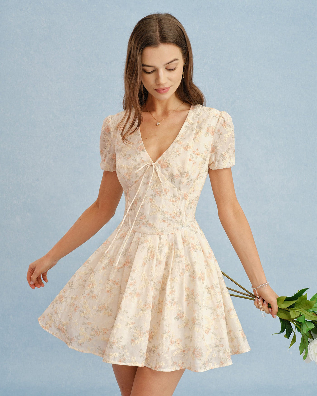 Orange Floral Tie-Neck Mini Dress, Puff Sleeves - view 5