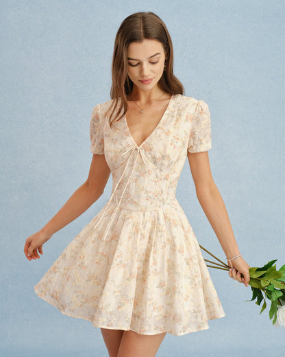 Orange Floral Tie-Neck Mini Dress, Puff Sleeves - view 5