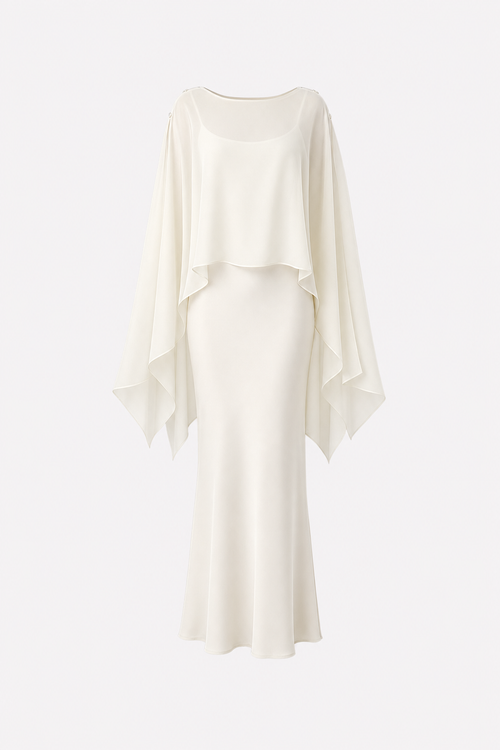 White spaghetti strap maxi dress with cape overlay