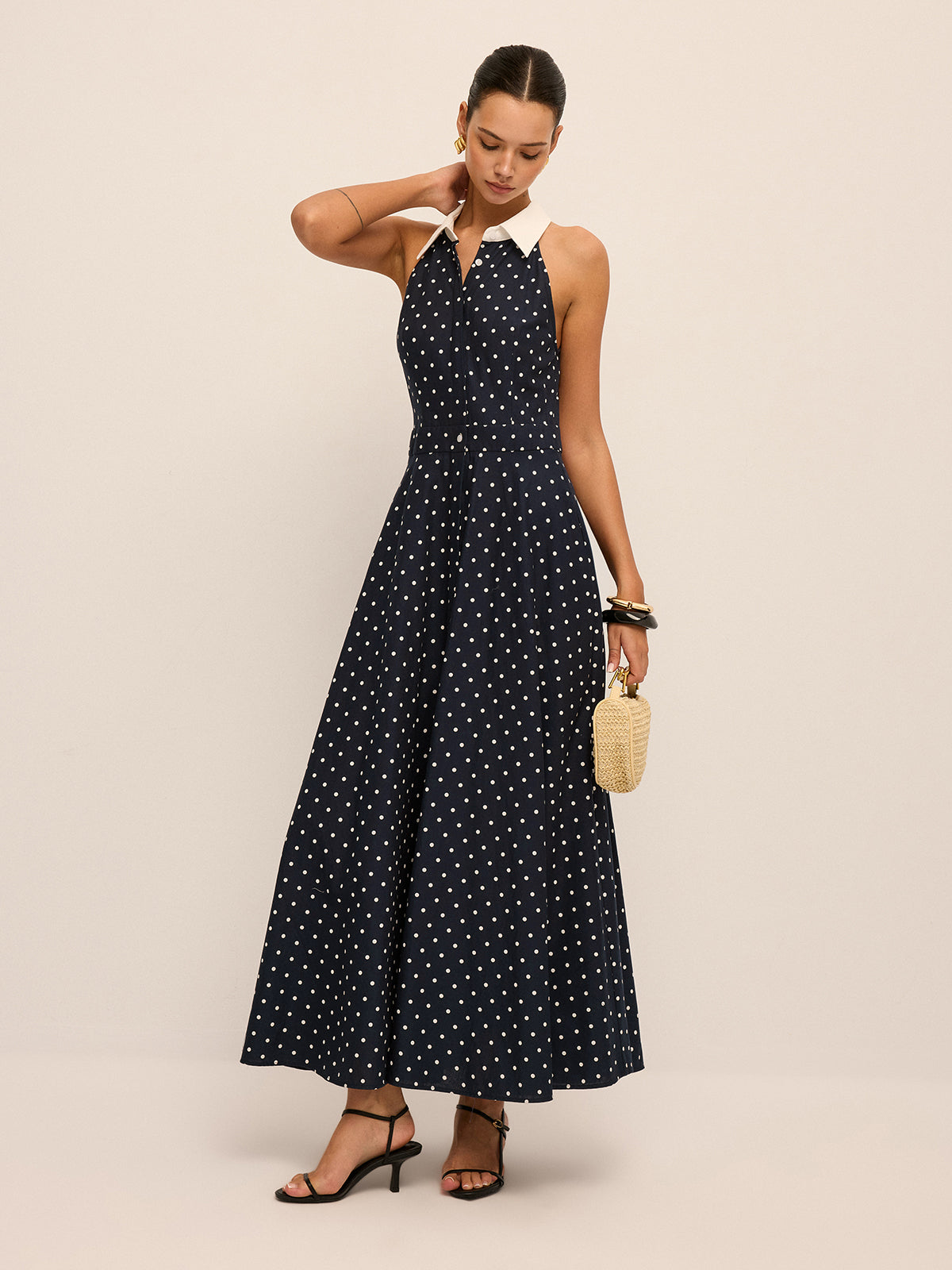 Navy Polka Dot Cotton Linen Maxi Dress - view 5