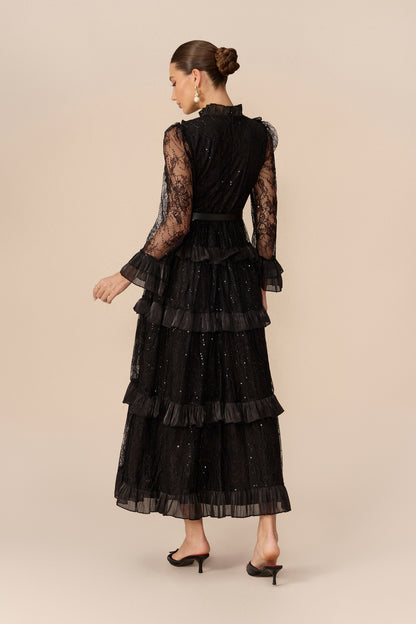 Ruffle Collar Tiered Lace Maxi Dress - view 4