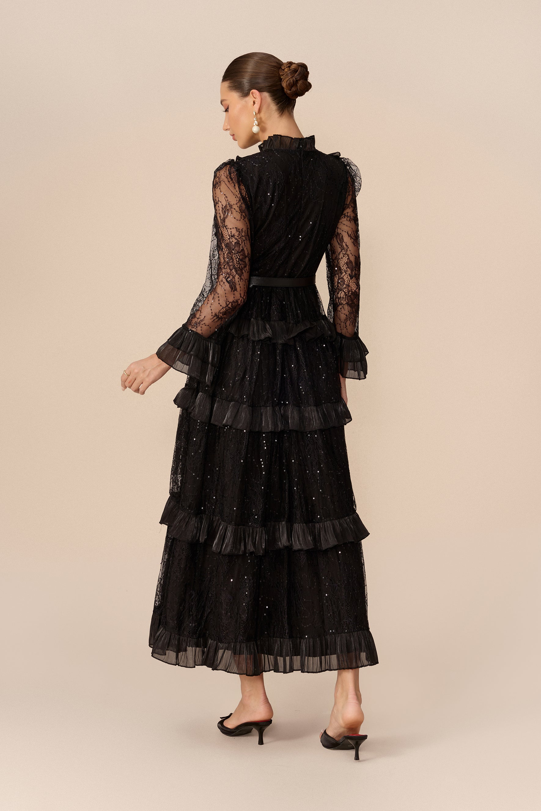 Belted Tiered Ruffle Lace Maxi Dress - view 4