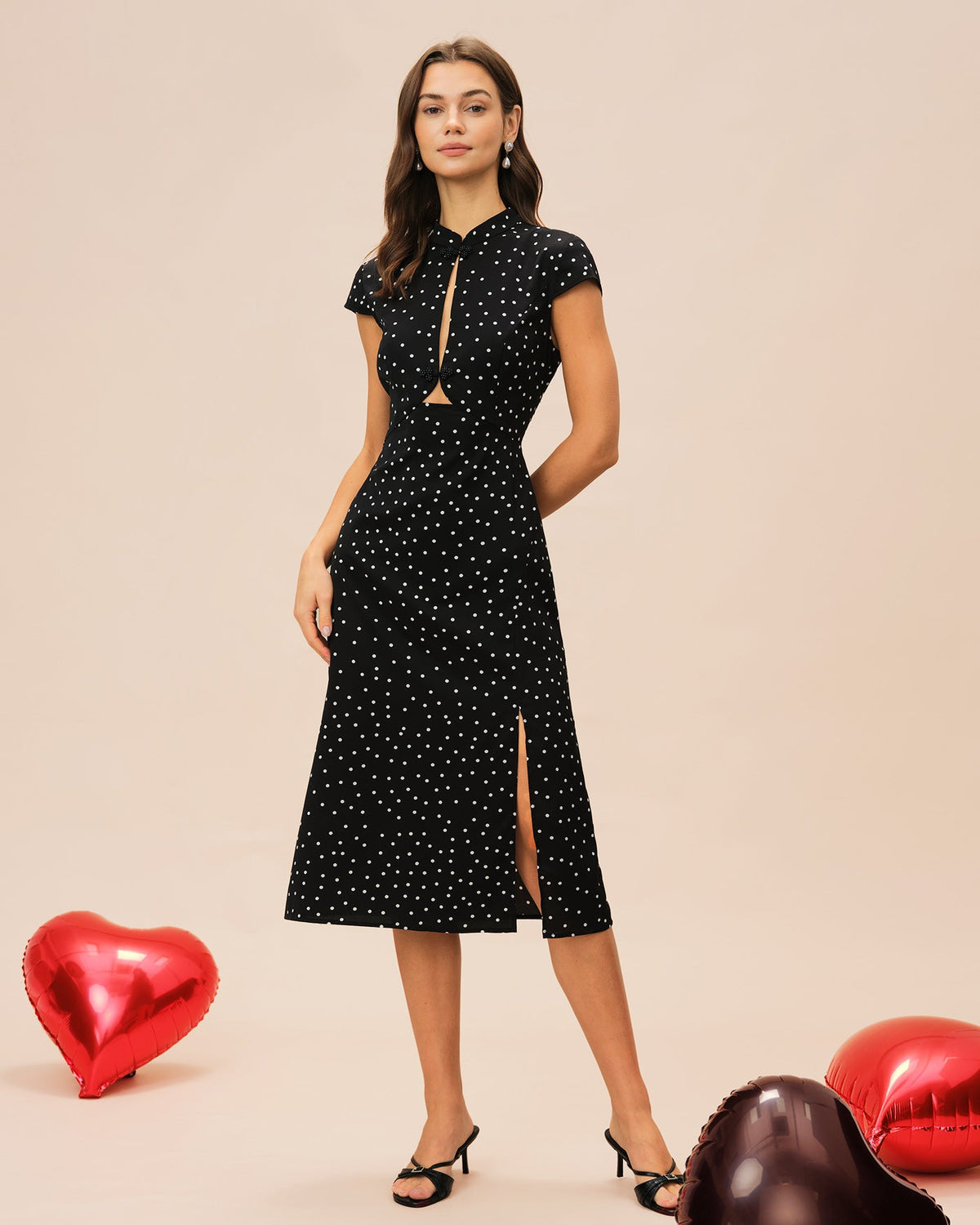 Polka Dot Midi Dress With Mandarin Collar And Cap Sleeves - 6
