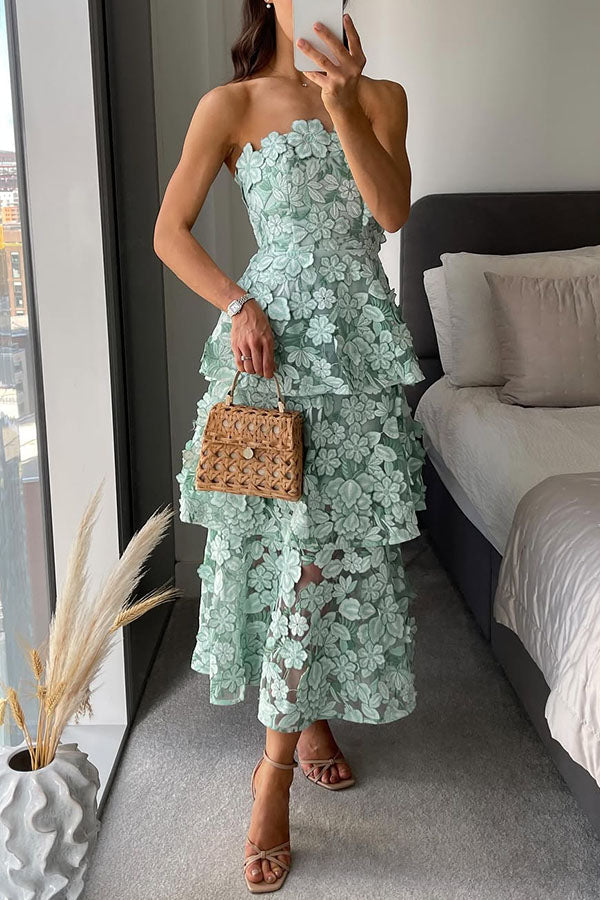 Green Embroidered Off-Shoulder Tiered Maxi Dress - view 3