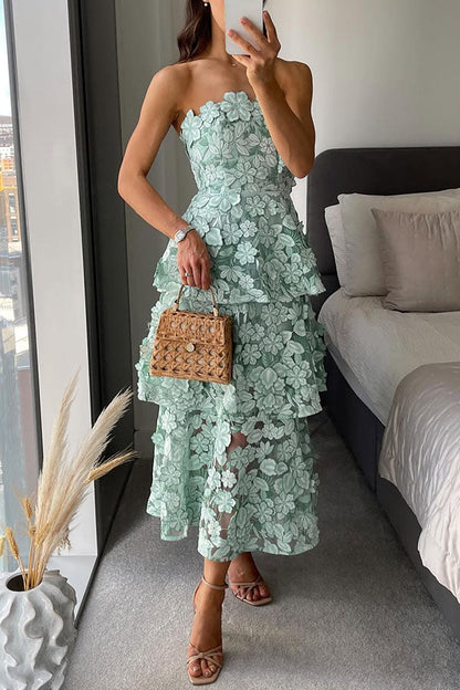 Green Embroidered Off-Shoulder Tiered Maxi Dress - view 3