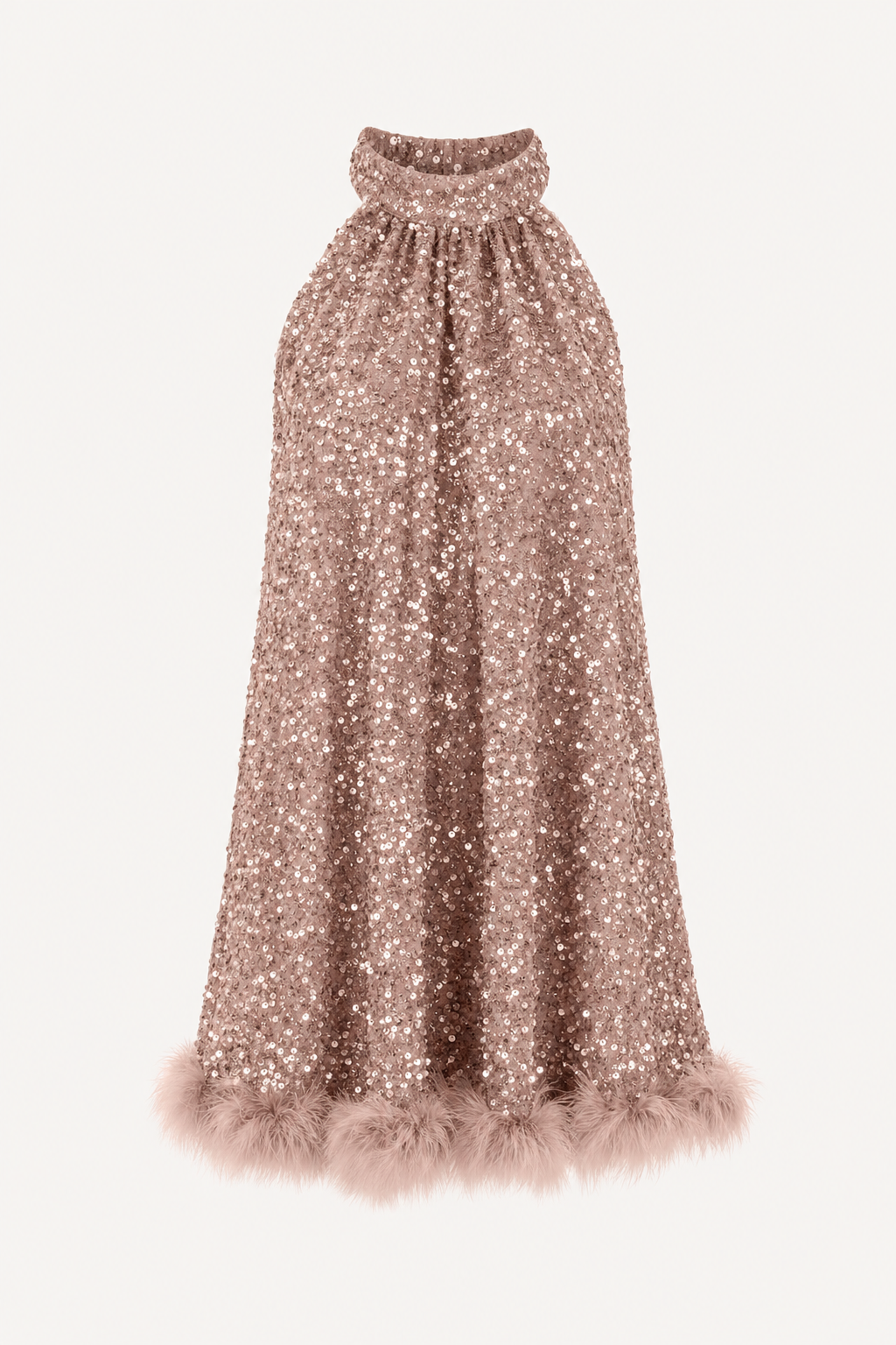 Sequin halter mini dress with feather trim