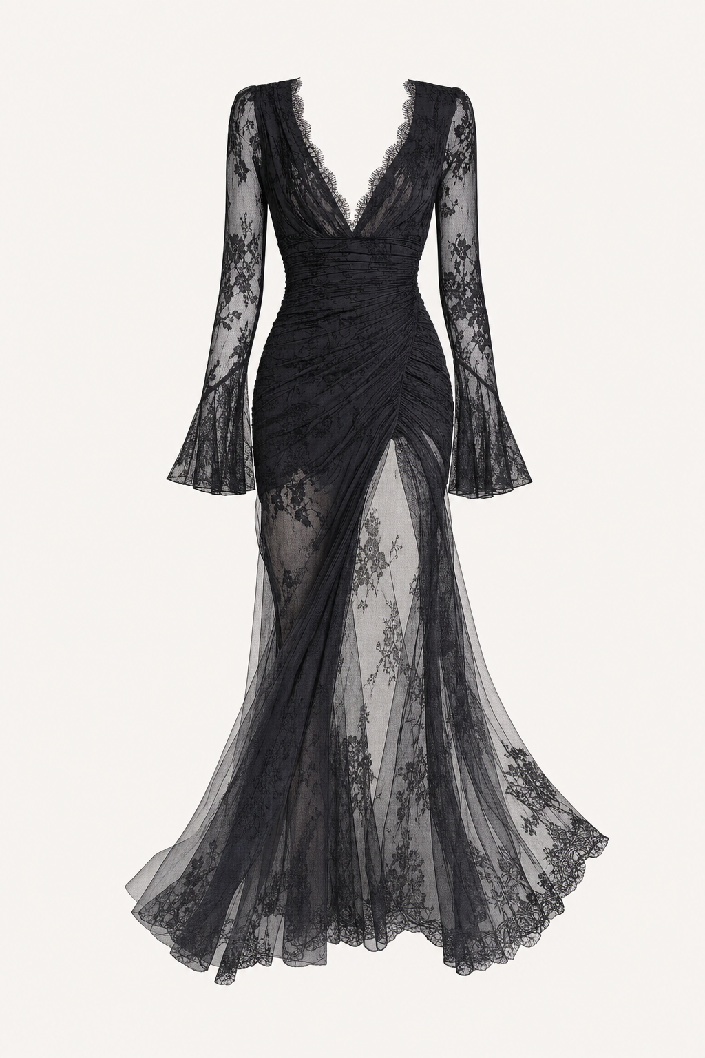 Sheer Sleeve Lace Gown With Thigh Slit