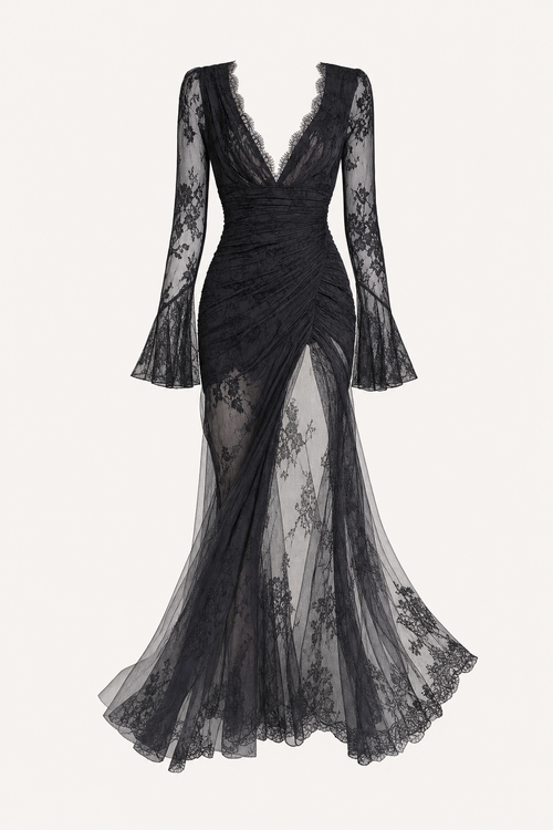 Sheer Sleeve Lace Gown With Thigh Slit
